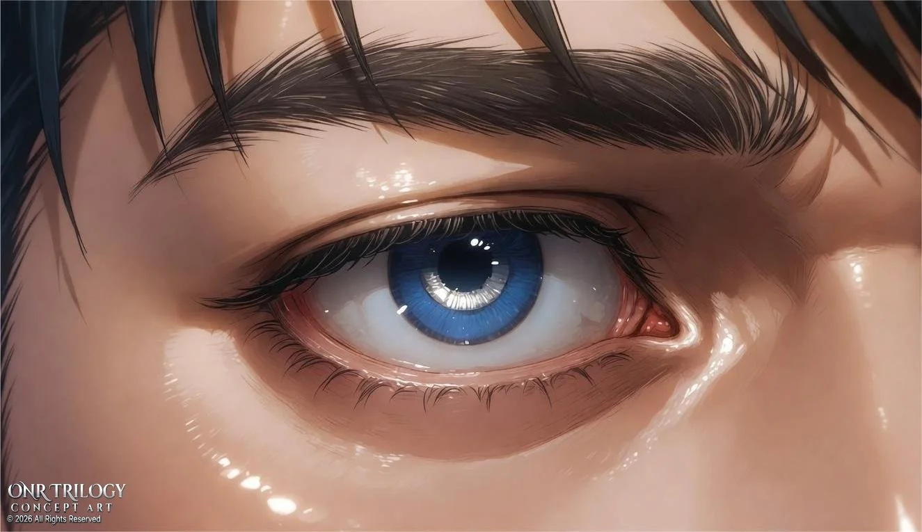 Close-up of a human eye with a blue iris and detailed eyelashes and eyebrows.