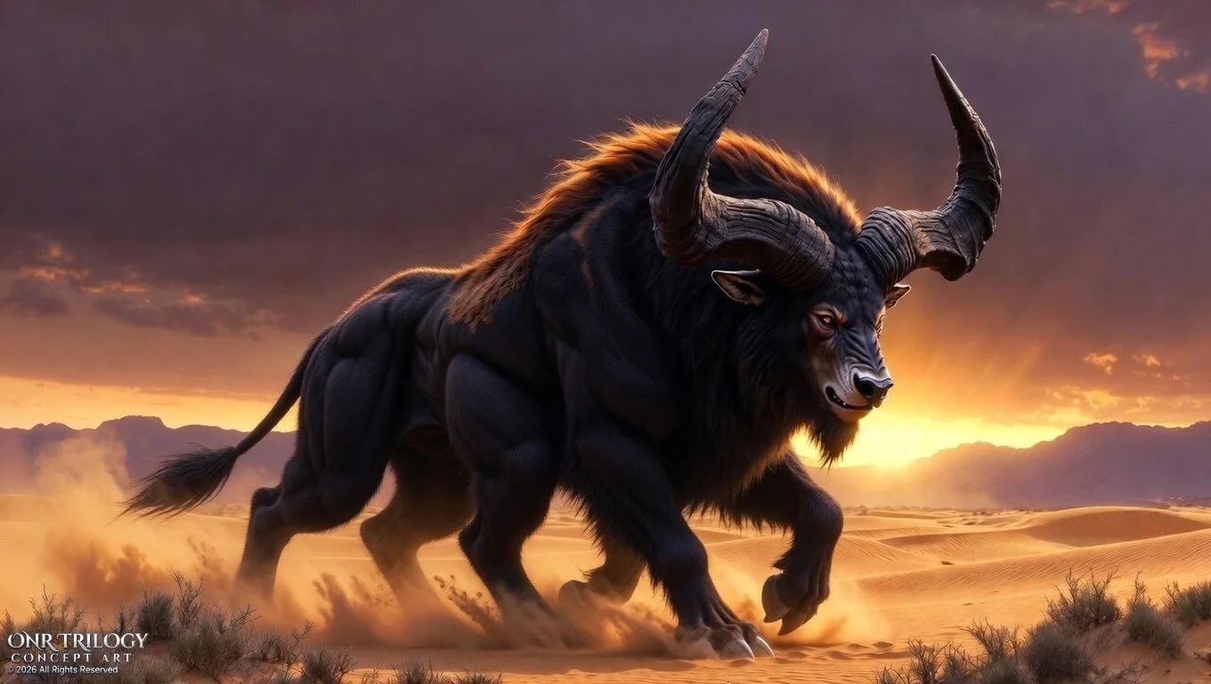 A giant creature with the body of a lion, the head of a buffalo, and large curved horns, walking through a desert landscape at sunset.