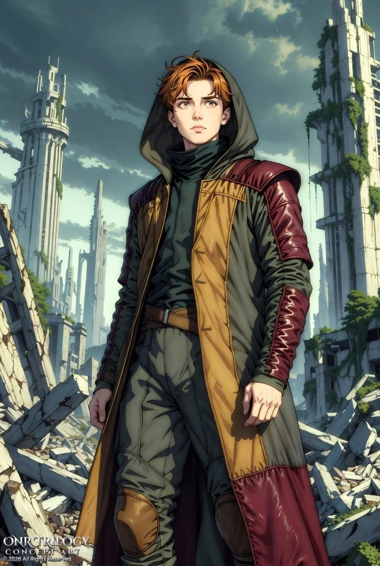 A young male character with brown hair and a serious expression, standing amidst ruins of a city with tall, futuristic buildings and dark stormy clouds in the sky.
