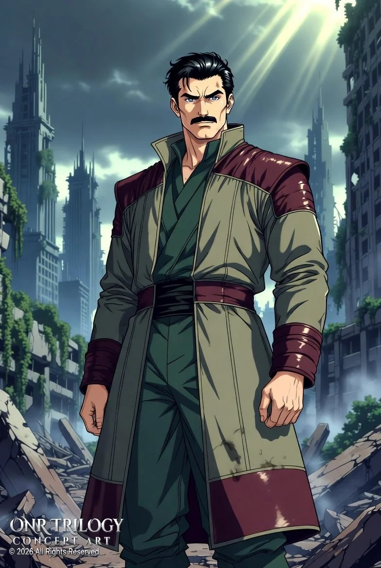 A male character in a long coat with a stern expression stands amidst a ruined cityscape with tall, damaged buildings and debris, under a cloudy sky with rays of sunlight.