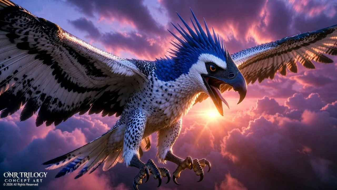 A digital artwork of a large, majestic bird with blue and white feathers soaring through a colorful sunset sky with pink and purple clouds.