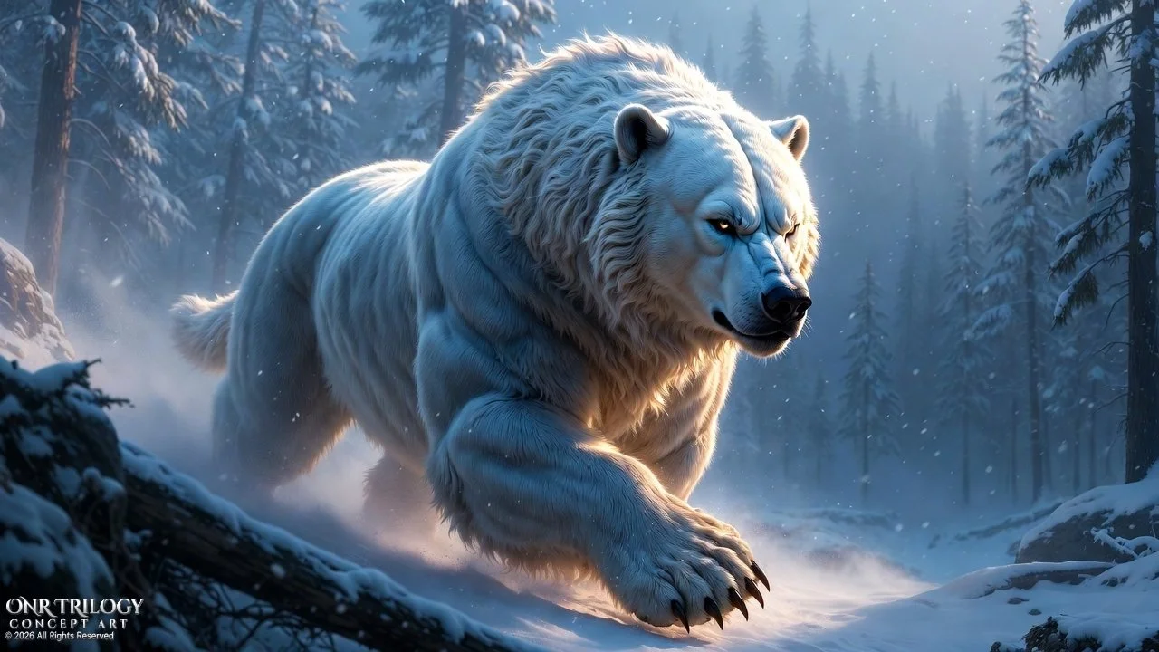 A large white bear running through a snowy forest with trees covered in snow, in a cold, winter environment.