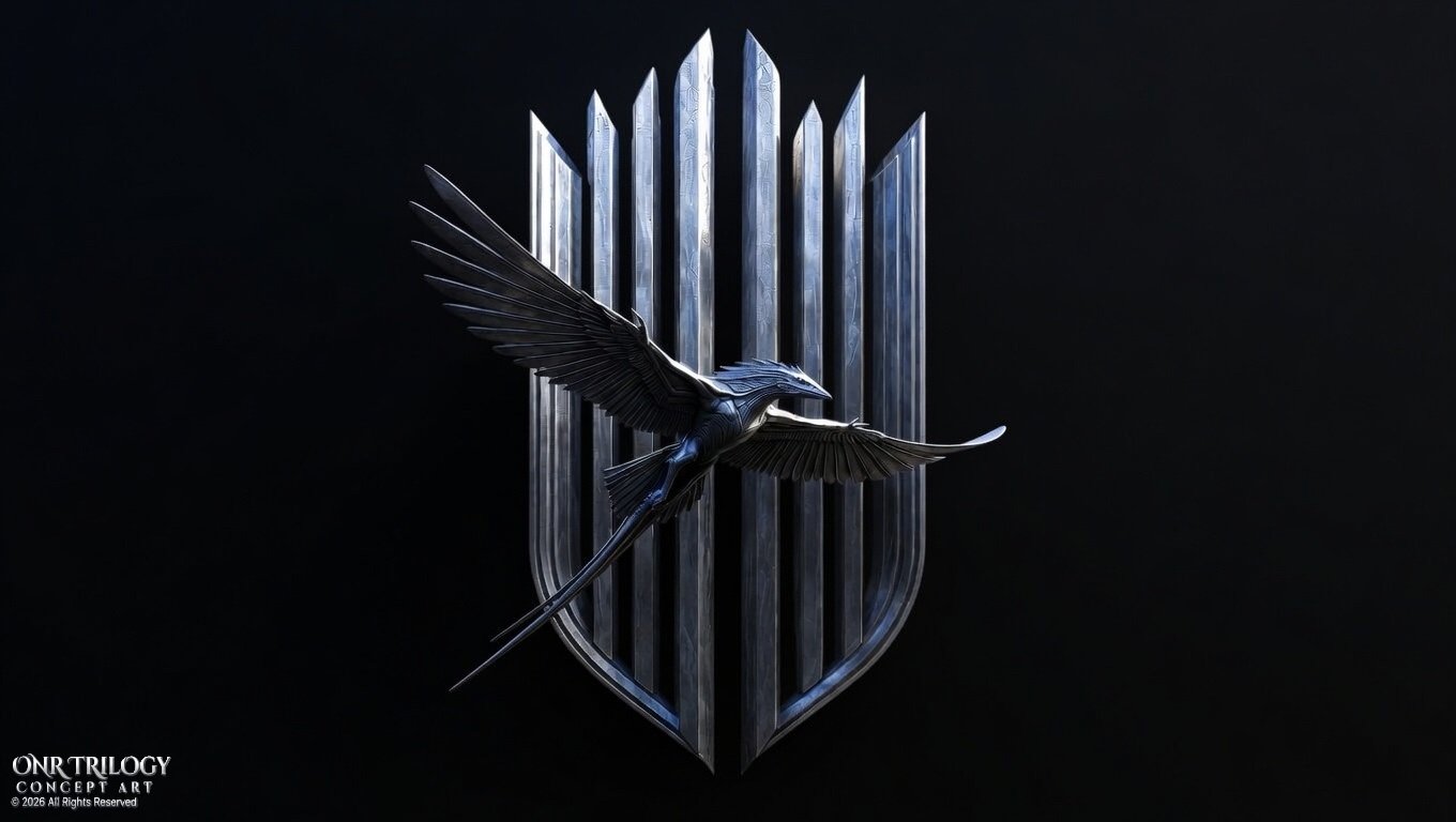 A metallic emblem of a bird with outstretched wings in front of a shield-shaped background with vertical metallic bars, set against a black background.