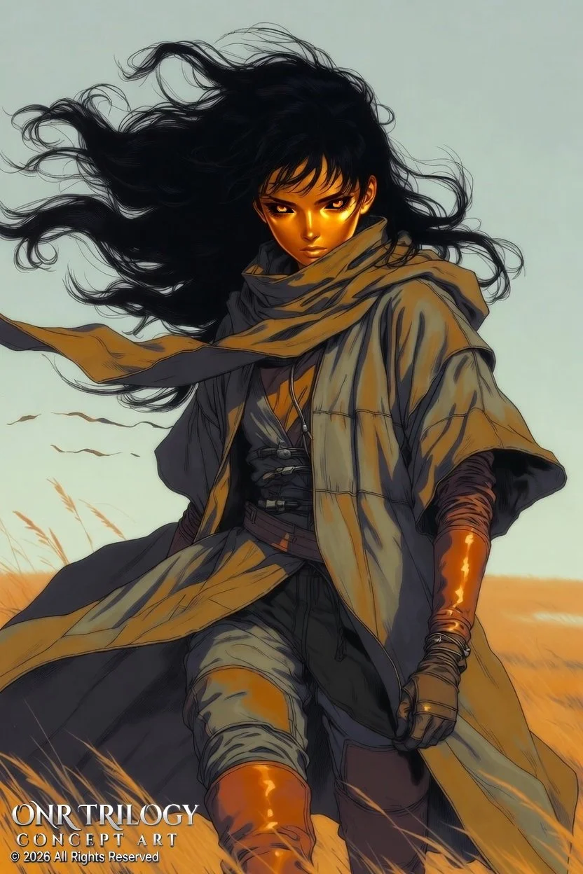 A digital painting of a young woman with long flowing black hair, intense eyes, wearing a yellowish-brown cloak over dark clothing, standing in a field with golden grass.