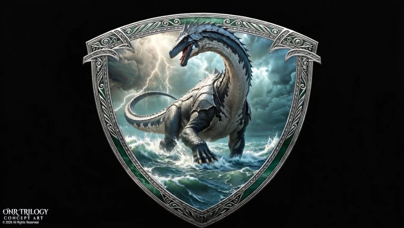 A shield featuring a dragon rising above ocean waves during a storm with lightning in the background.