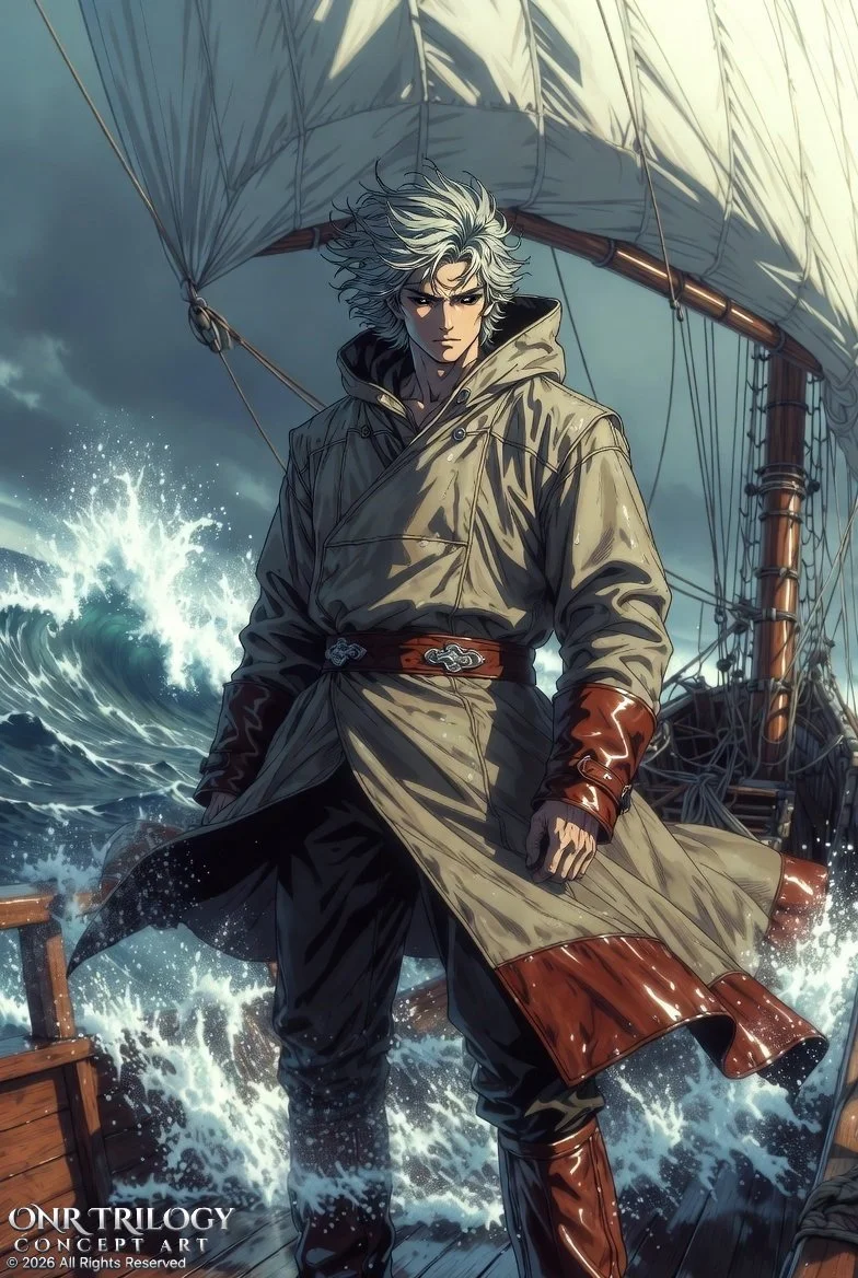 A portrait of a young man with silver hair on a ship at sea during a storm, dressed in a beige trench coat with red leather gloves and boots, with an intense expression.