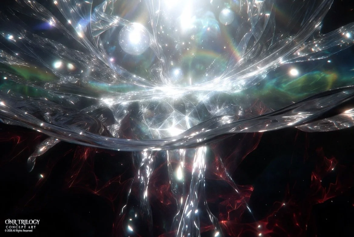 Abstract digital art featuring bright, sparkling white and colorful light patterns against a dark background, resembling a cosmic or energetic scene with swirling and glowing elements.