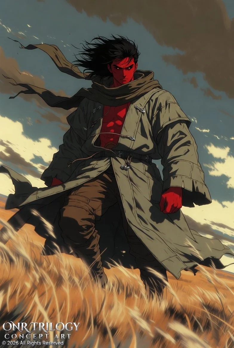 A young man with long dark hair, wearing a long beige trench coat and brown pants, stands in a field of tall grass under a cloudy sky, with a serious expression on his face.