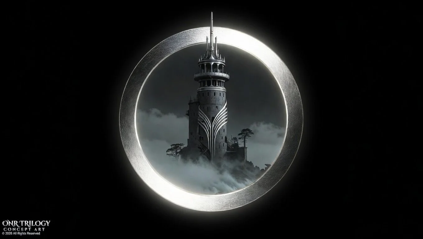 A fantasy digital artwork depicting a tall, cylindrical tower with multiple levels and balconies, emerging through clouds and framed by a glowing ring against a dark background.