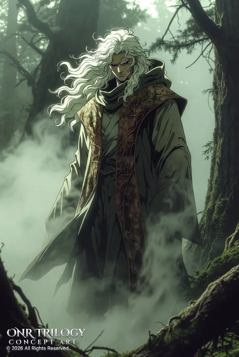 An illustrated character with long, flowing white hair stands in a misty, dark forest with tall trees. The character has a serious expression and is dressed in a hooded cloak with a distressed, leather-like vest.