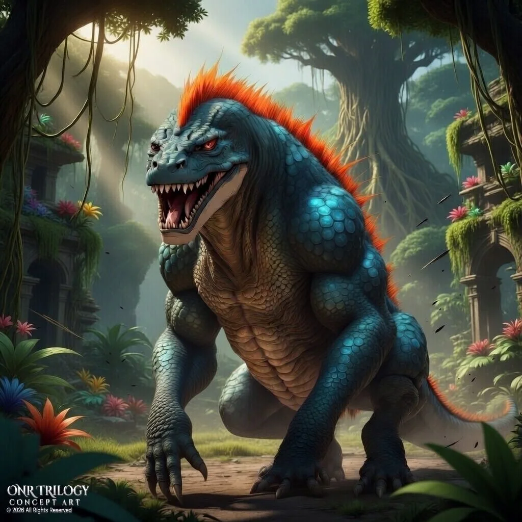 A detailed fantasy illustration of a fierce dinosaur with a blue and orange body, sharp teeth, and glowing red eyes, walking through a lush jungle with ancient ruins and colorful plants.