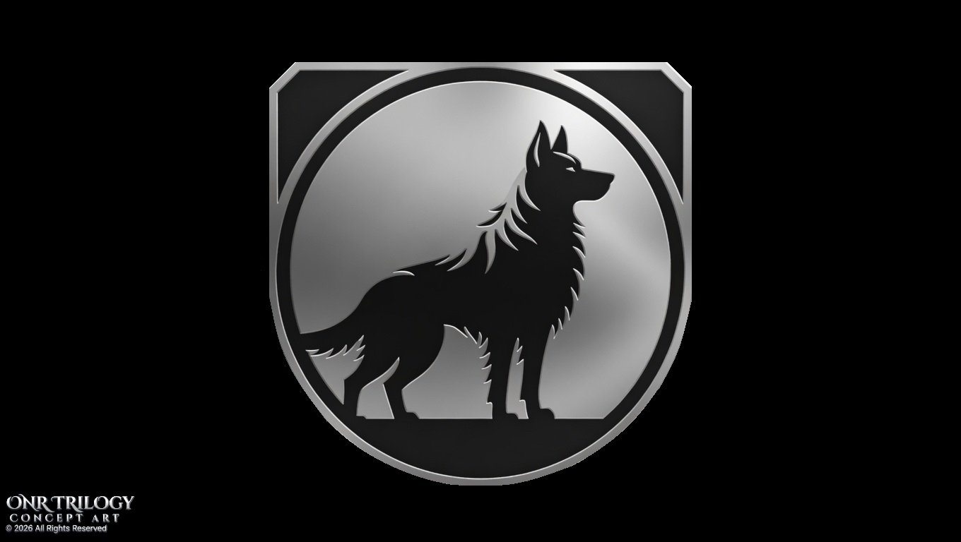 A metallic badge or emblem featuring a silhouette of a wolf standing on ground within a rounded shield shape.