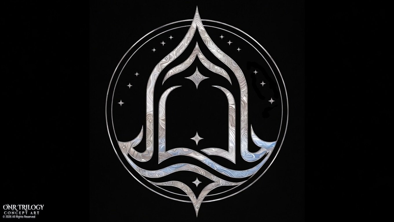 Stylized silver emblem with intricate patterns, featuring a central open book shape, surrounded by stars and a crescent moon, set against a black background.