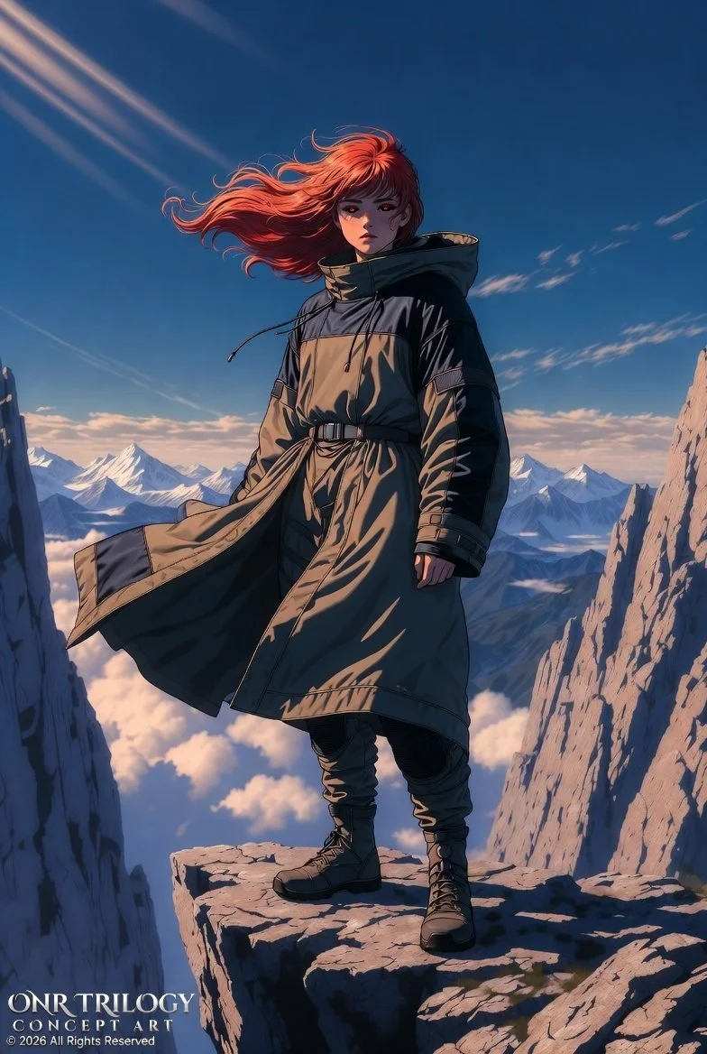 A digital painting of a woman with red hair standing on a rocky peak in snowy mountains, wearing a long, dark coat and boots, with a dramatic sky in the background.