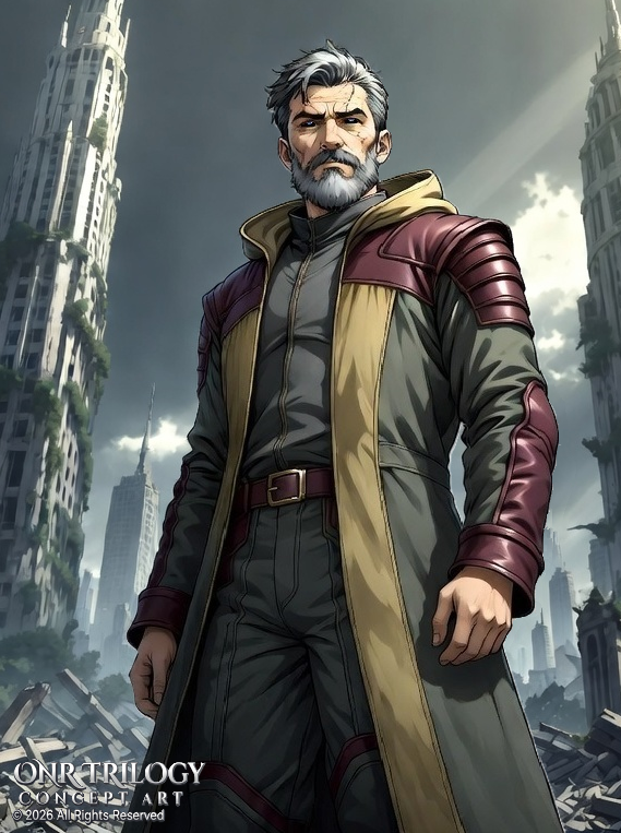 A rugged older man with gray hair and beard, wearing a long coat with maroon and beige accents, standing amidst a ruined cityscape with damaged buildings and a dark, cloudy sky in the background.