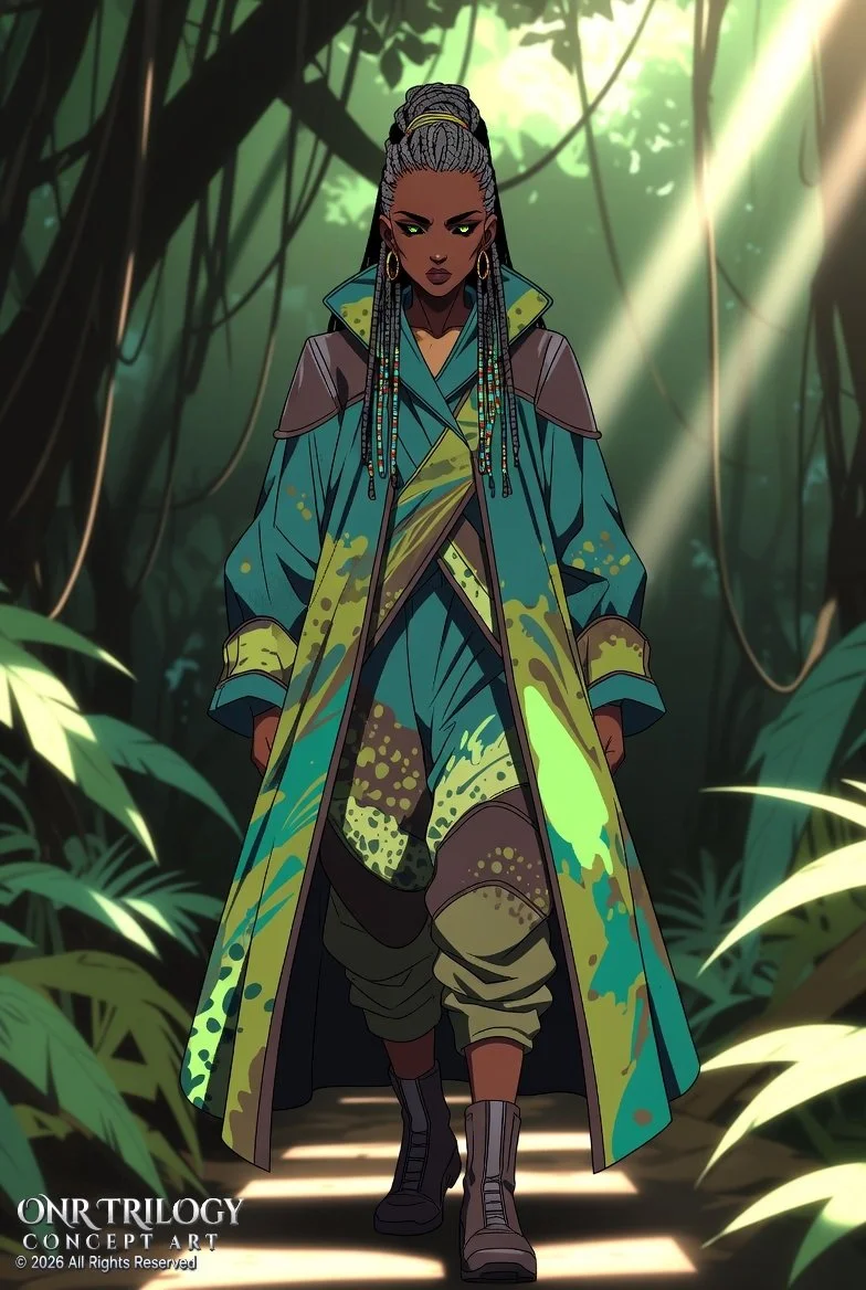 Animated woman with braids and hoop earrings walking through a lush jungle, dressed in a long colorful jacket, cargo pants, and boots, with sunlight filtering through the trees.