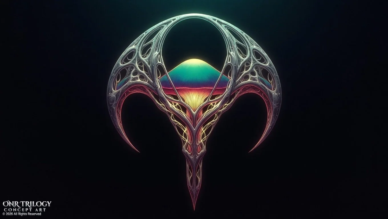 An abstract digital artwork featuring a neon-colored, intricate, symmetrical design resembling a stylized insect or alien symbol, set against a black background.