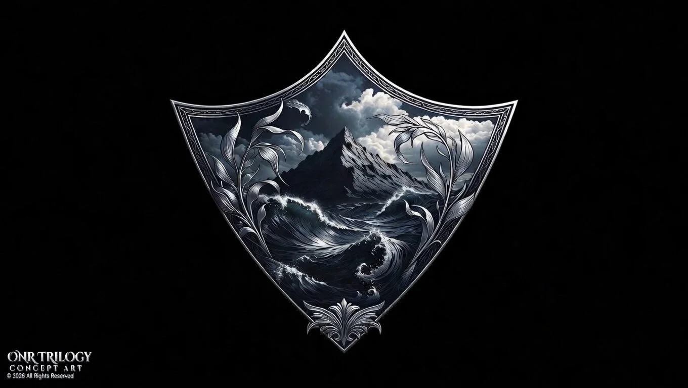 A protective shield with a detailed design featuring a mountain landscape, stormy ocean waves, and cloudy sky, surrounded by floral and ornamental patterns.