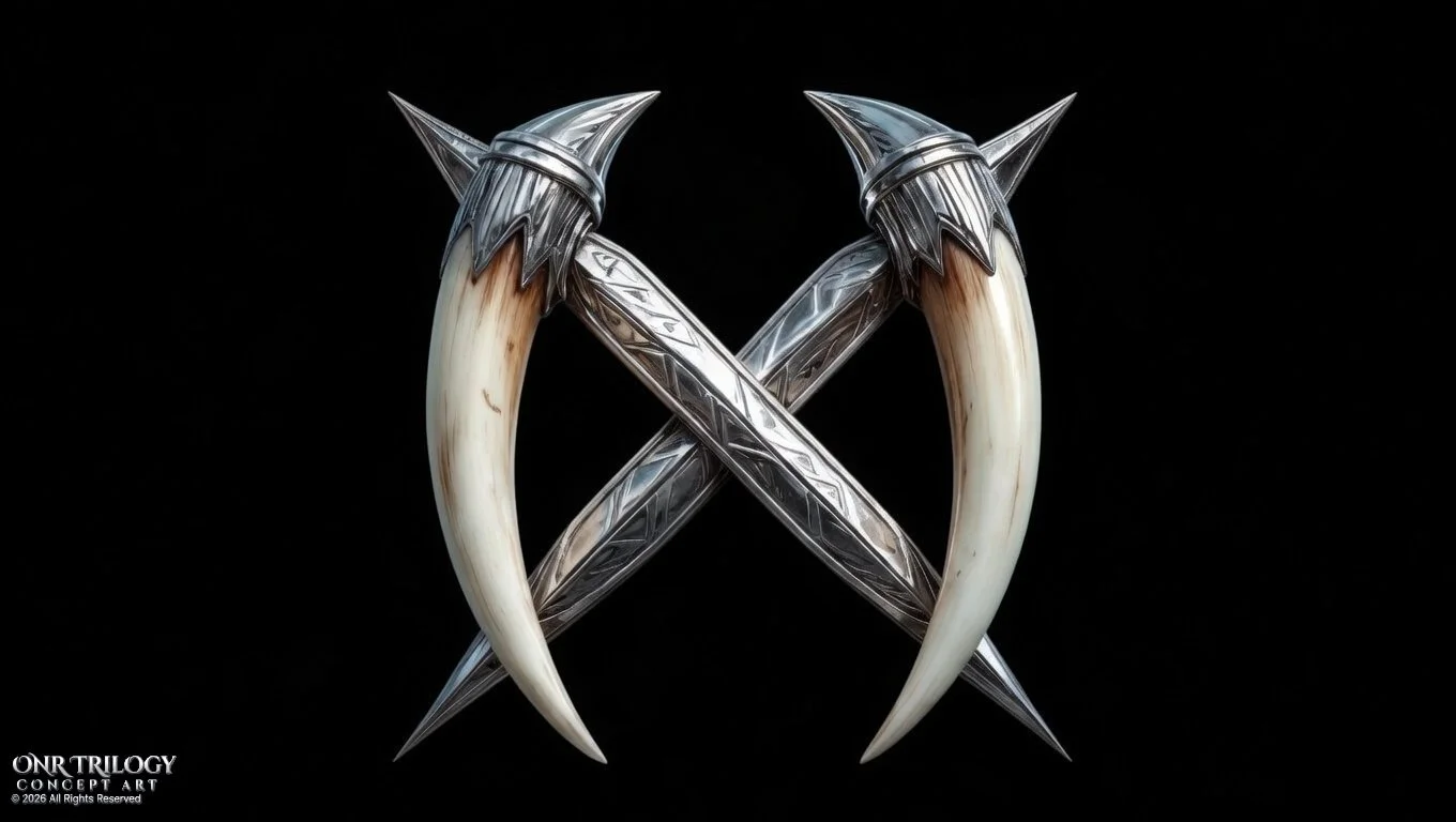 Two crossed claws with metal tips and decorated blades on a black background, with text reading "ONR TRILOGY CONCEPT ART" in the bottom left corner.