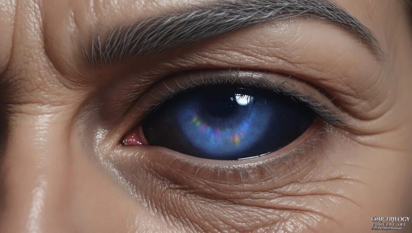 Close-up of a human eye with a deep blue iris and a reflection of a window.