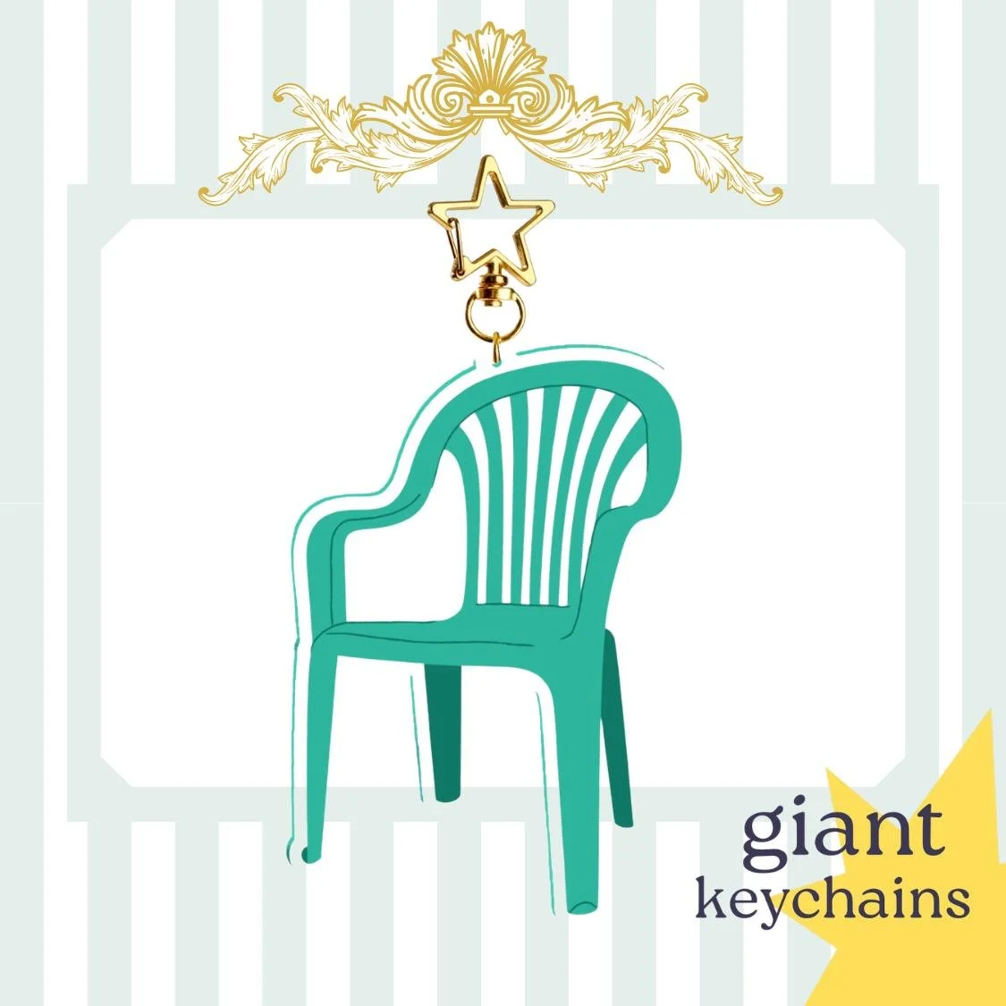 Package of giant turquoise plastic chair keychains with a gold star-shaped clasp, decorated with gold ornate embellishments and a yellow starburst with the text "giant keychains" in black and yellow.