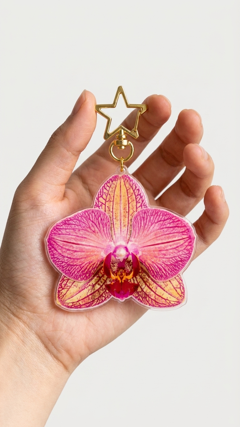 A hand holding a pink orchid-shaped keychain with a gold star-shaped clip.