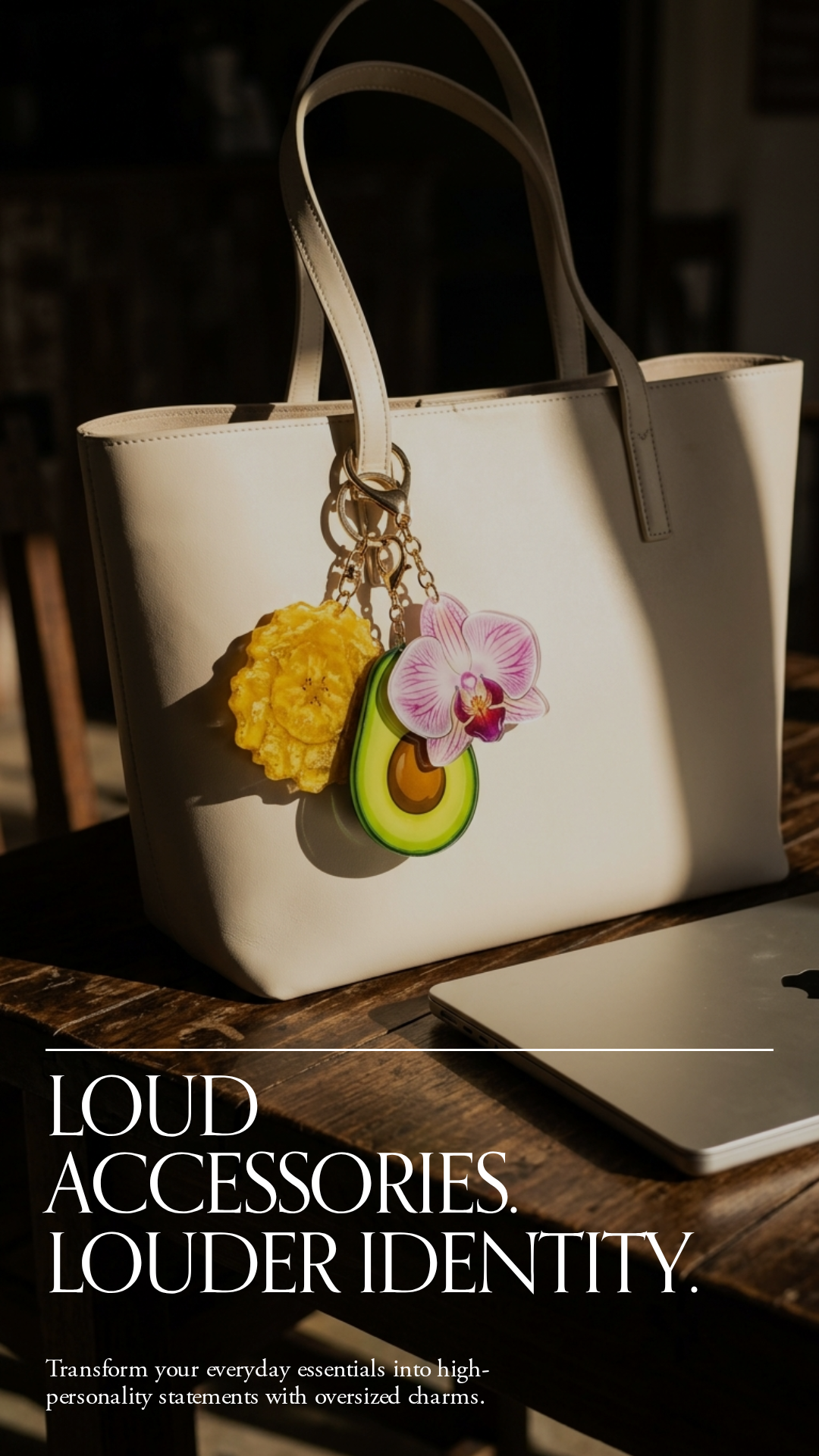 A beige handbag with large, colorful charms hanging from one handle, including an avocado slice, a yellow crispy snack, and a pink orchid flower. The handbag is on a wooden table next to a closed laptop, with sunlight casting shadows. The text on the image reads: "LOUD ACCESSORIES. LOUDER IDENTITY" and a smaller line says: "Transform your everyday essentials into high-personality statements with oversized charms."