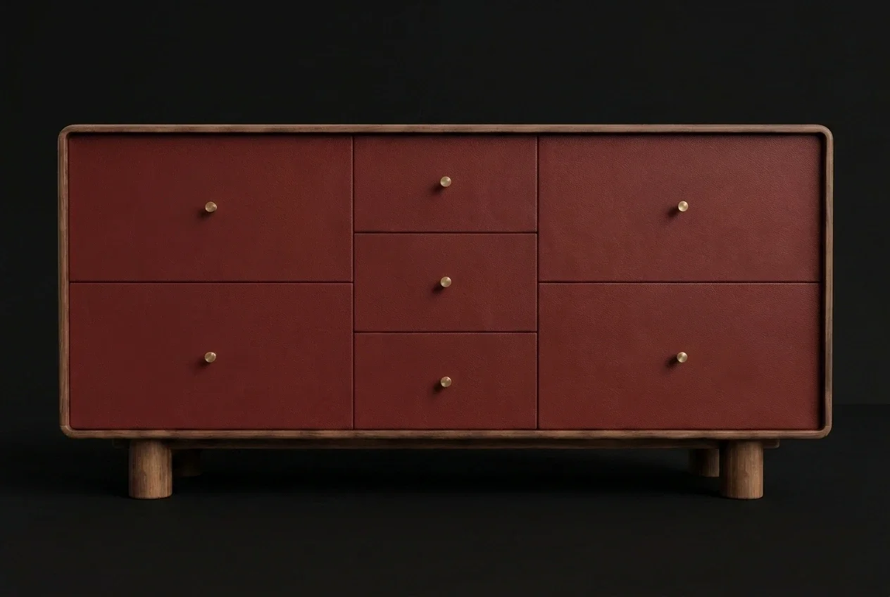 A modern wooden dresser with red drawers, six drawers in total, small round gold handles, set against a black background.