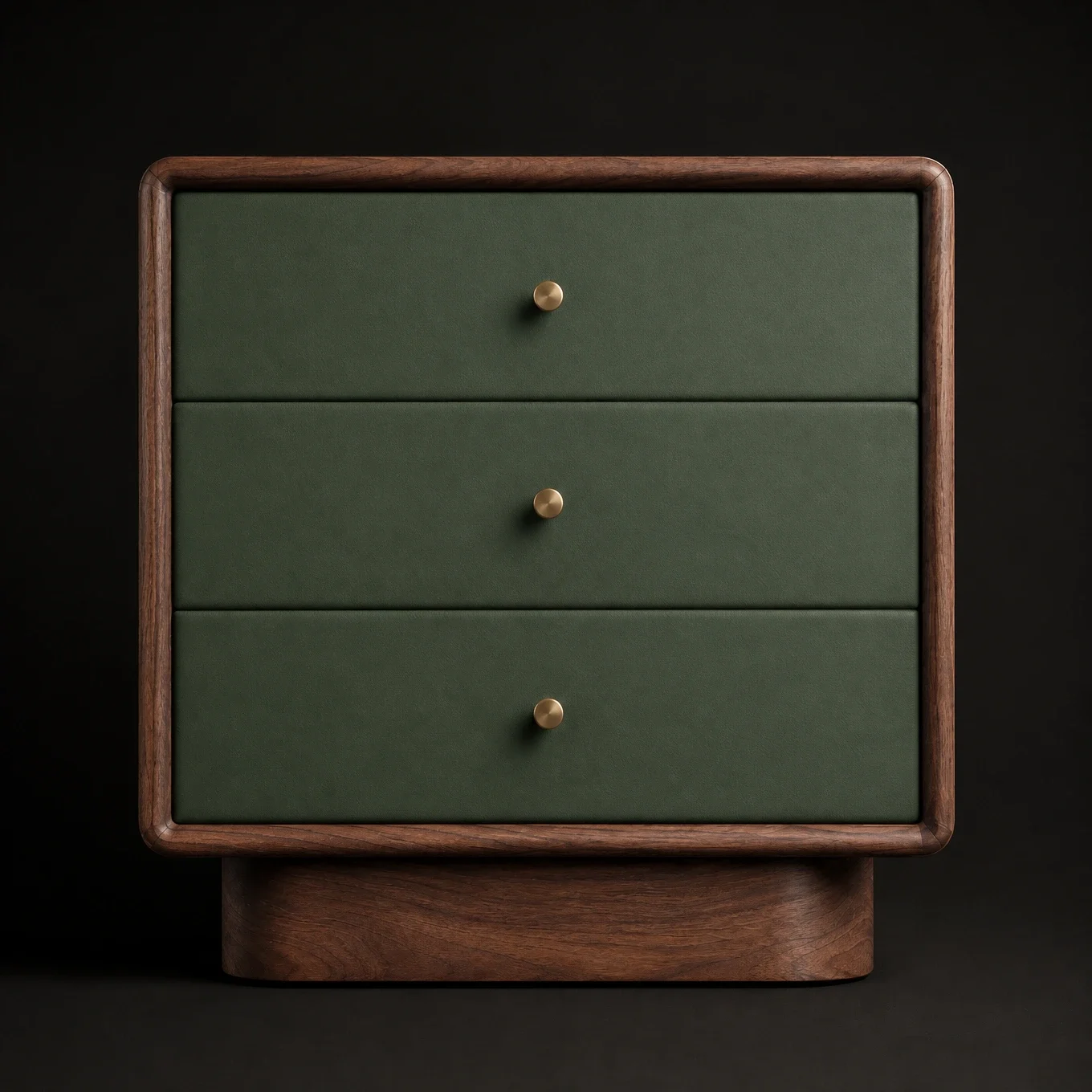 A three-drawer bedside table with a green front, wooden frame, and small round metallic knobs against a black background.