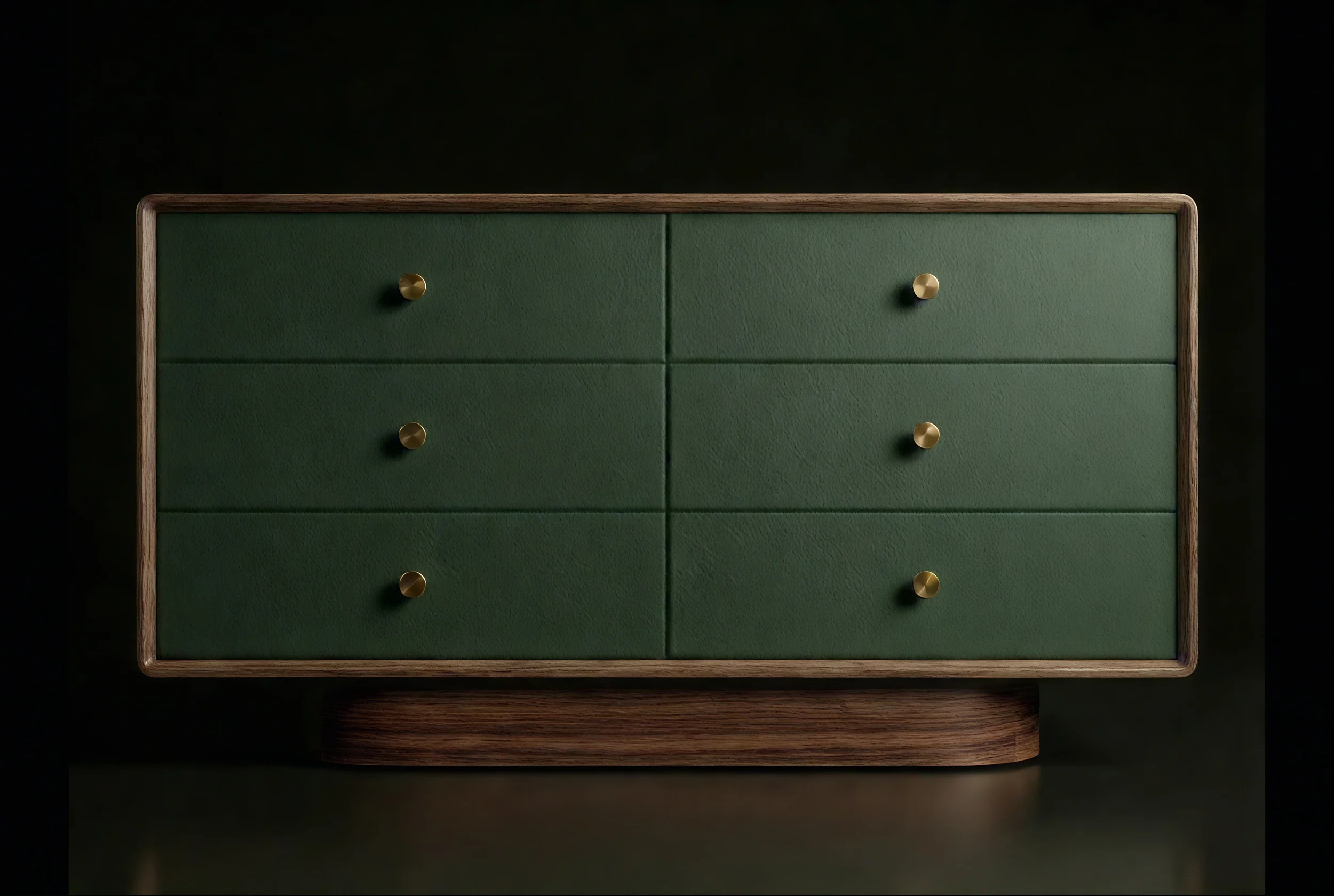 A green wooden dresser with six drawers, gold knobs, and a natural wood border against a dark background.