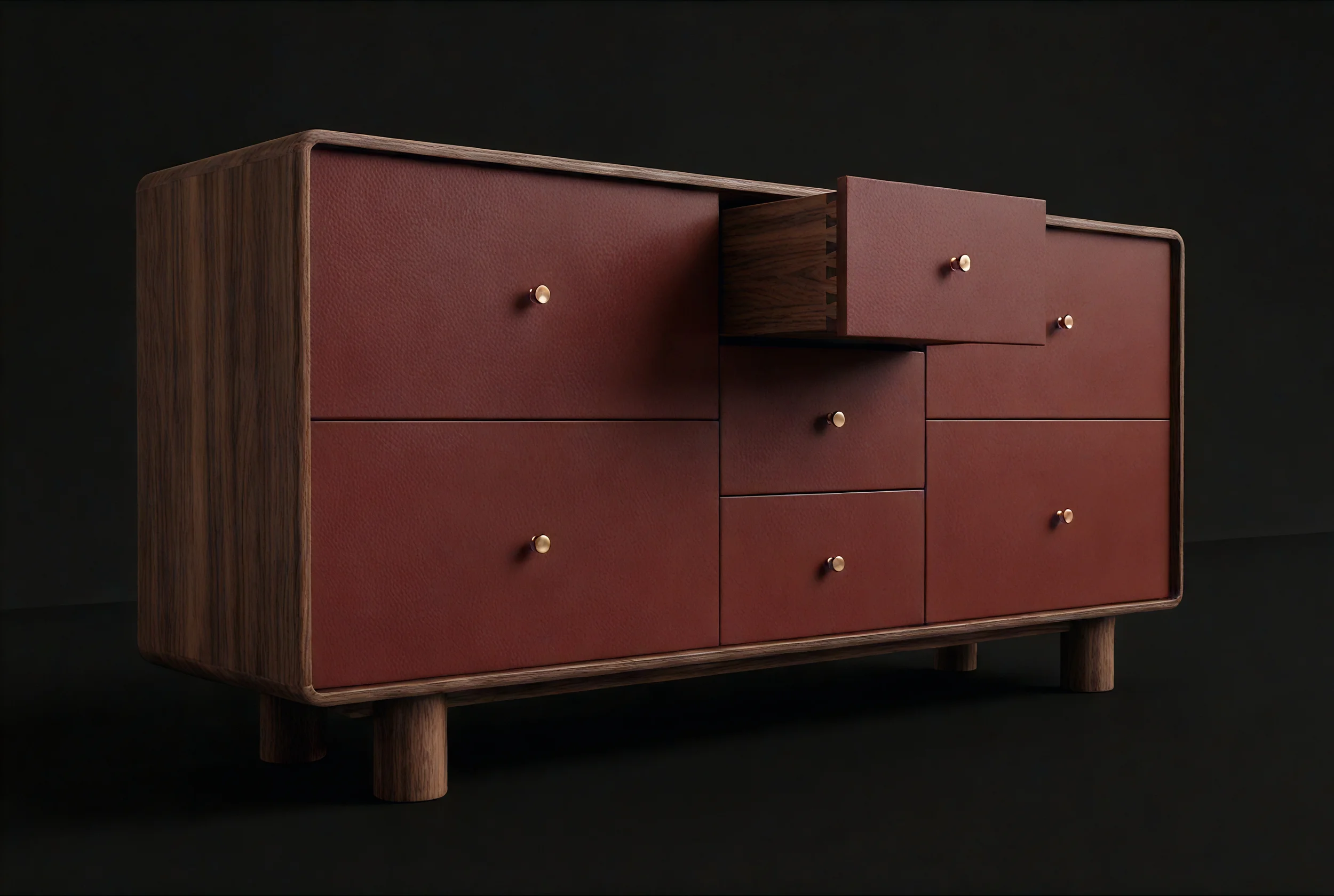 A modern wooden dresser with multiple drawers and round metal knobs, set against a dark background.