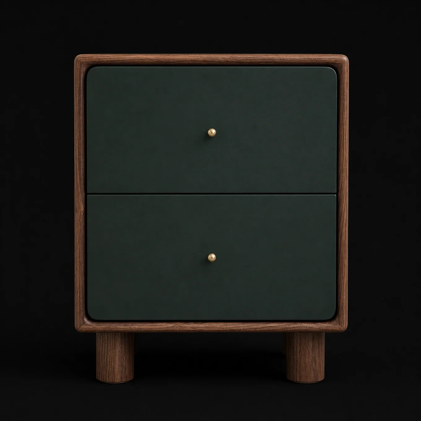 Mid-century modern wooden two-drawer nightstand with dark green drawer fronts and brass knobs, set against a black background.