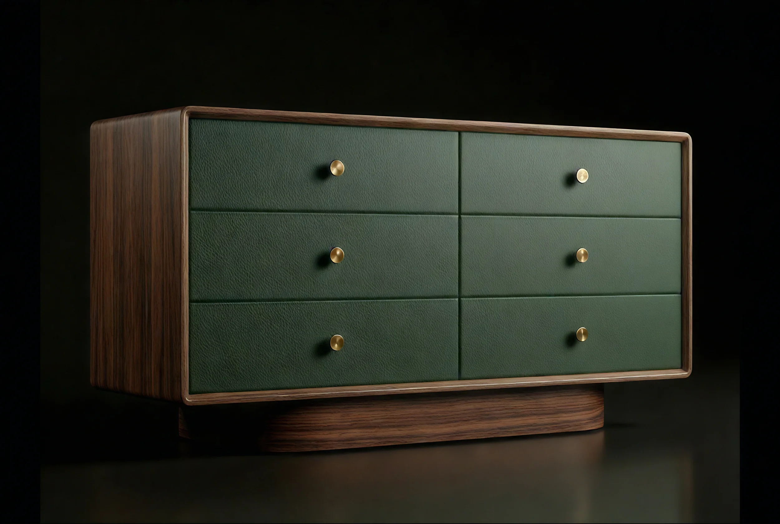 A modern wooden dresser with green textured drawer fronts and brass knobs, set against a black background.