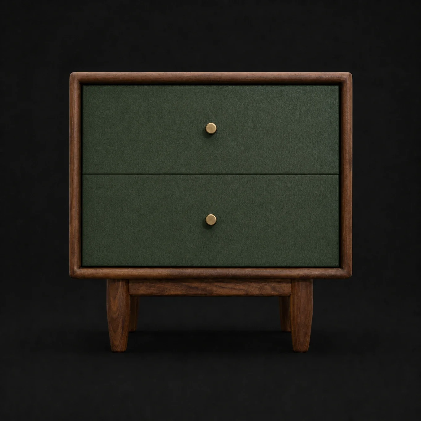 A mid-century modern wooden bedside table with two green fabric drawers and brass knobs, set against a dark background.