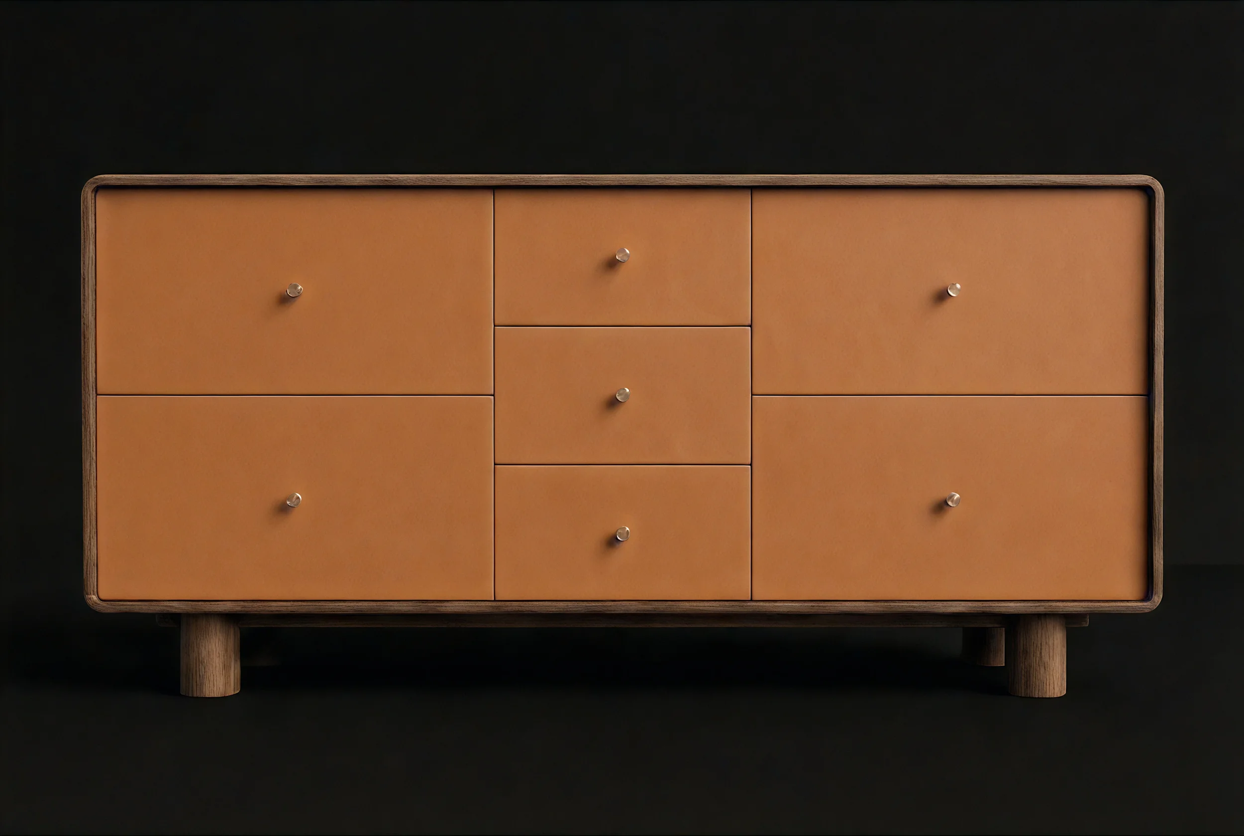A modern wooden dresser with a light brown finish, several small drawers with metal knobs, set against a black background.