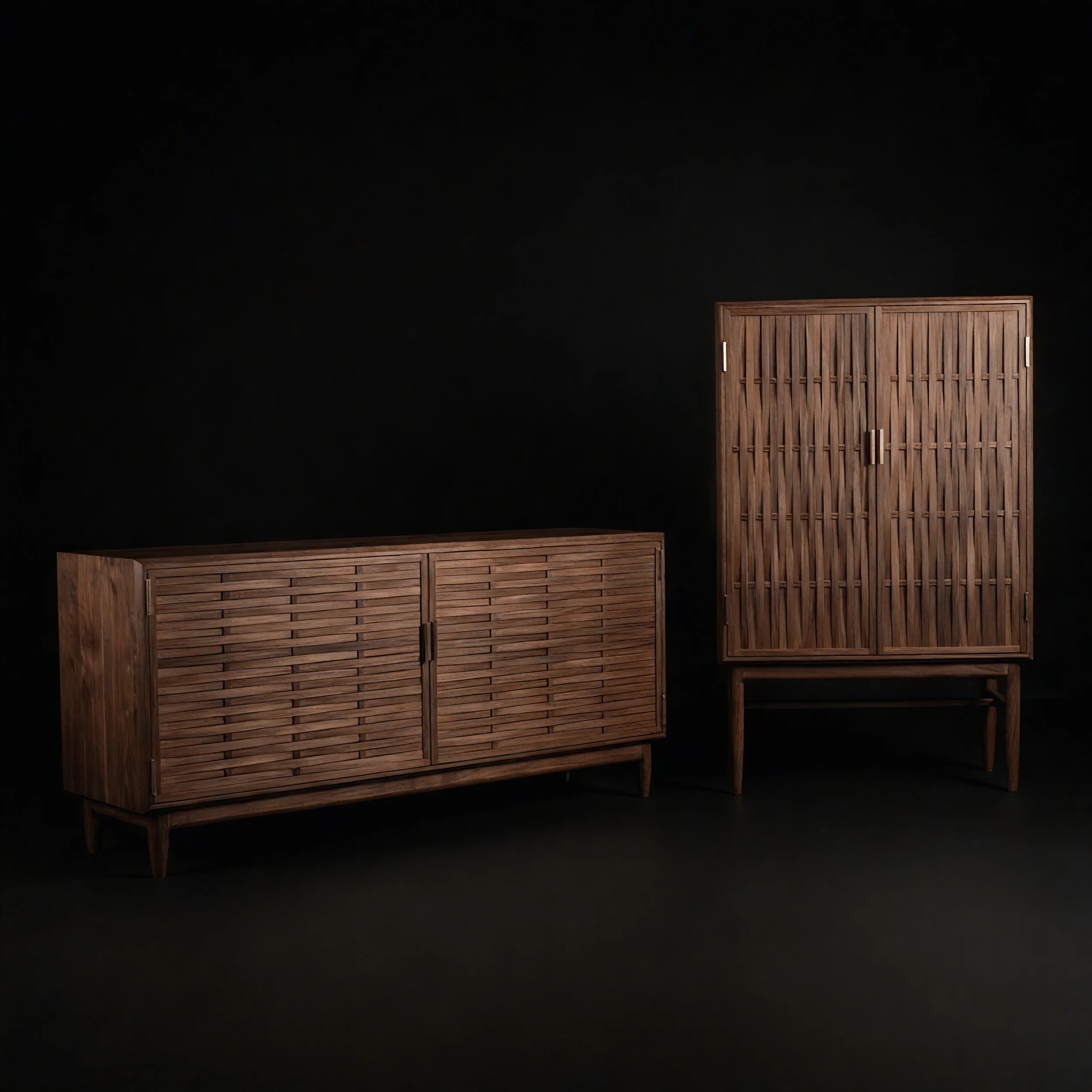 Three wooden furniture pieces with slatted designs, set against a black background.