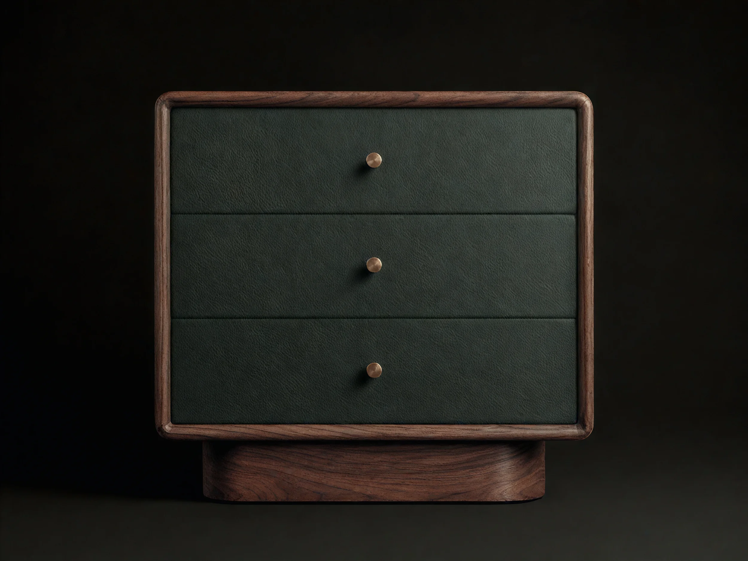 A dark green, vintage-style wooden and leather desk organizer or drawer unit with three small brass knobs on drawers, set against a dark background.