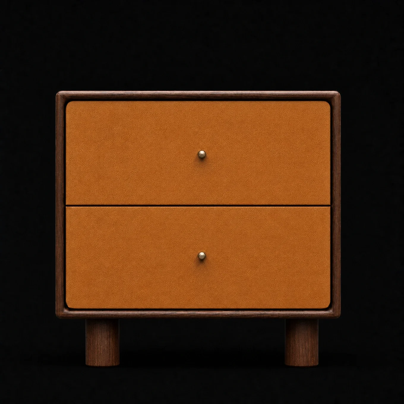 A small, vintage wooden cabinet with two drawers and round metal knobs, set against a black background.