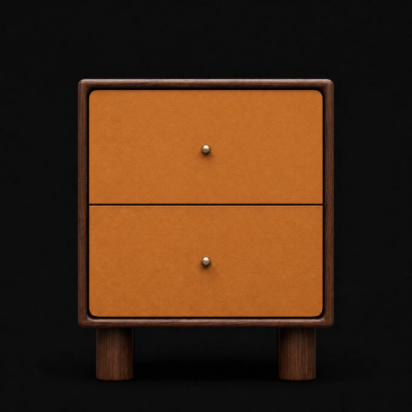 A mid-century modern wooden nightstand with two drawers and round metal knobs, standing on four wooden legs against a black background.