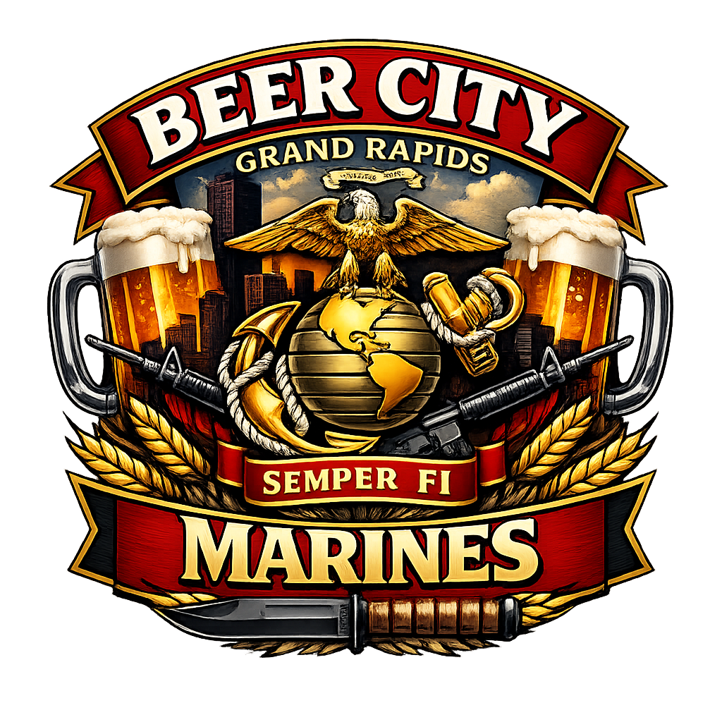 Logo for the Beer City Marines, featuring two beer mugs, a globe with the Marine Corps emblem, a rifle, and a knife, with city skyline and clouds in the background and the slogan 'Semper Fi'.