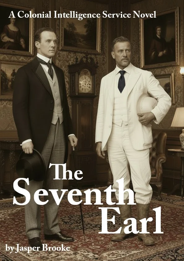 The cover of a novel titled "The Seventh Earl" by Jasper Brooke features two men in historical attire standing in a richly decorated room with portraits and a grandfather clock in the background. The man on the left wears a dark suit with a bow tie, holding a top hat and cane, while the man on the right is dressed in a white suit, holding a white hat, and has a serious expression.