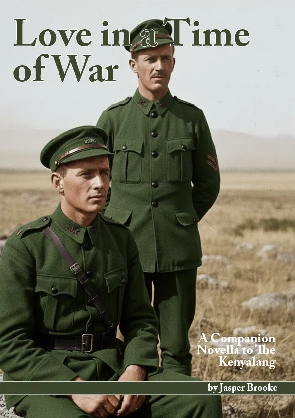 Book cover titled 'Love in a Time of War' with two soldiers wearing green military uniforms and hats, standing outdoors in a field.
