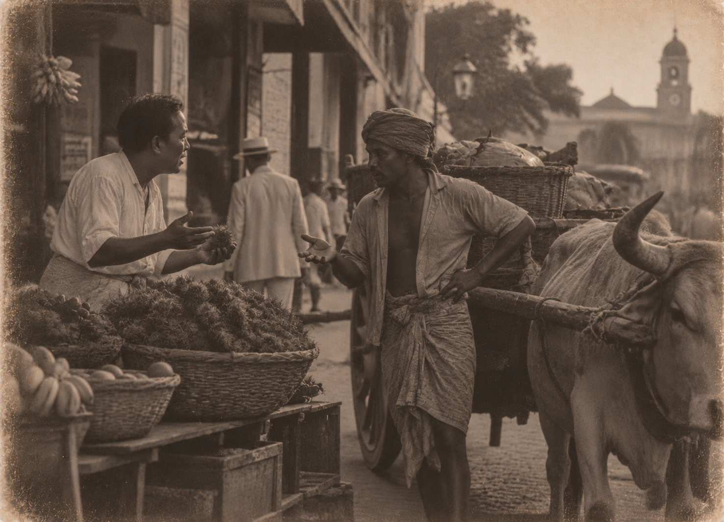 18) Bullock cart driver arguing over rambutans.