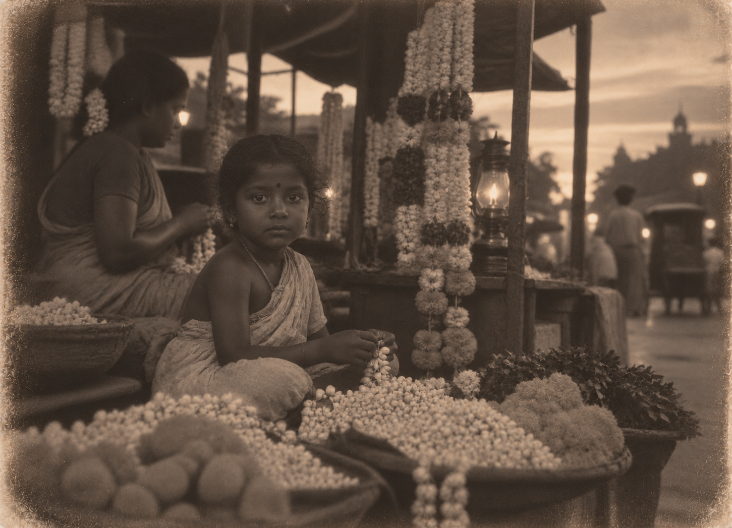 8) The Tamil flower-seller's child among the marigold garlands.