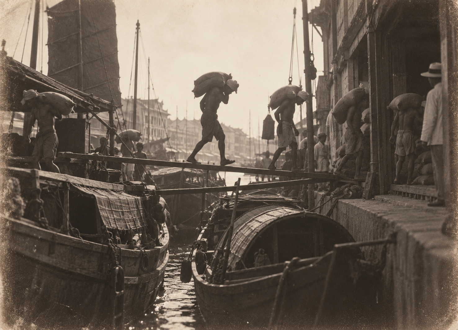 6) Boat Quay with coolies crossing gangplanks at the godowns.