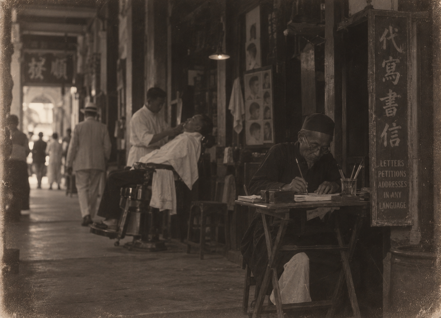 5) Letter writer and barber under the five-foot way.