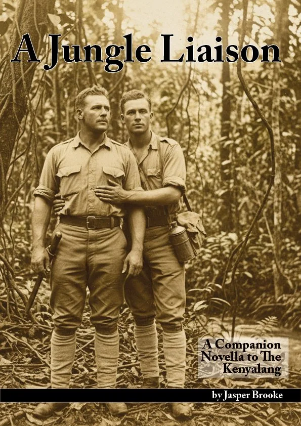 Book cover titled "A Jungle Liaison: A Companion Novella to The Kenyalang" by Jasper Brooke, featuring two men in military uniforms standing in a dense jungle, with one man with his hand on the other's chest.