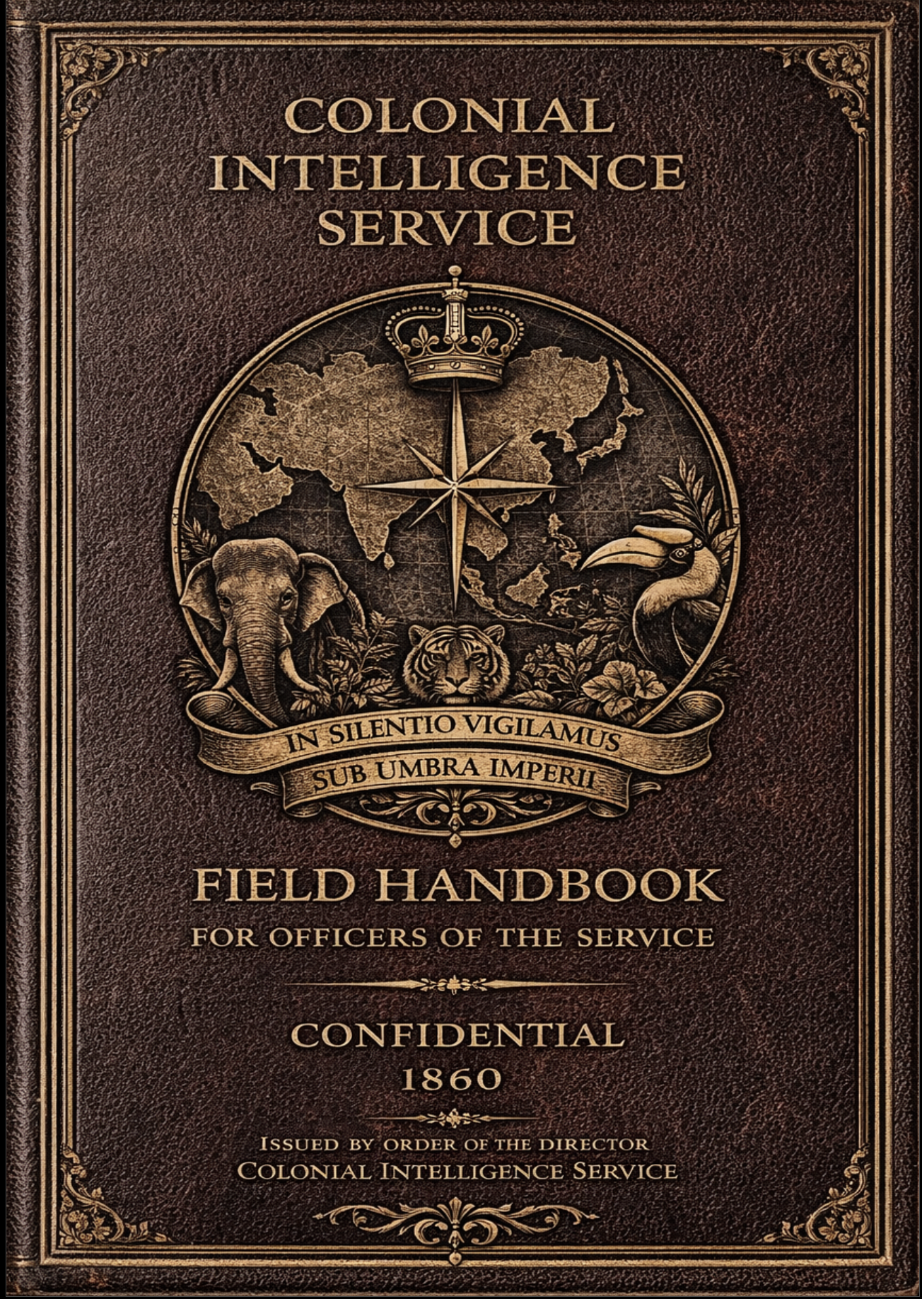 A vintage book cover titled 'Colonial Intelligence Service Field Handbook for Officers of the Service,' published in 1860 by Colonial Intelligence Service. The cover features a map of the world with a crown, an elephant, a lion, and a toucan, surrounded by decorative borders and Latin phrases.