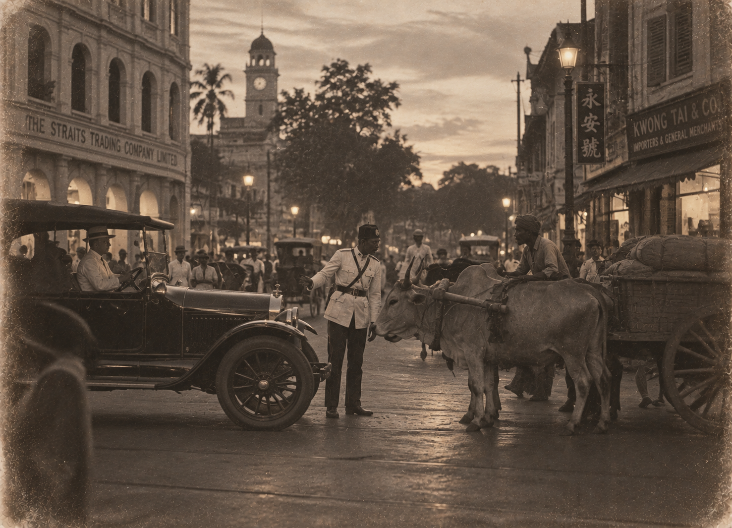 7) Motor car and bullock cart with a Malay policeman intervening.