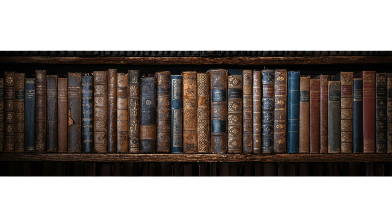 A bookshelf filled with old, leather-bound books.